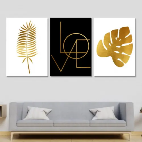Trio Quadros Digitais - Love Folhas Dourado