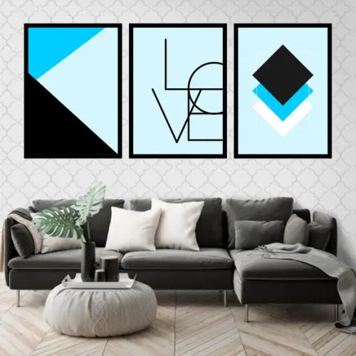 Trio Quadros Digitais - Love Geométrico Azul Claro