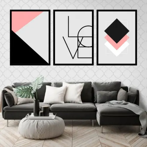 Trio Quadros Digitais - Love Geométrico Rosa
