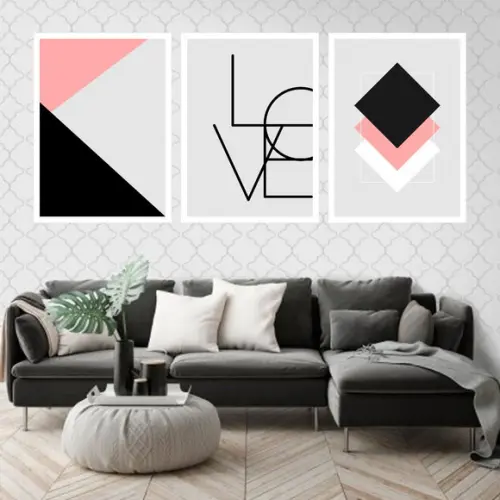 Trio Quadros Digitais - Love Geométrico Rosa