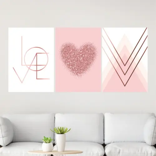 Trio Quadros Digitais - Love Geométrico Coração Glitter Rosa