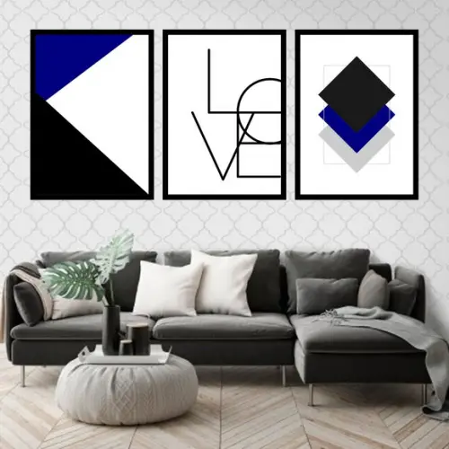 Trio Quadros Digitais - Love Geométrico Azul Royal