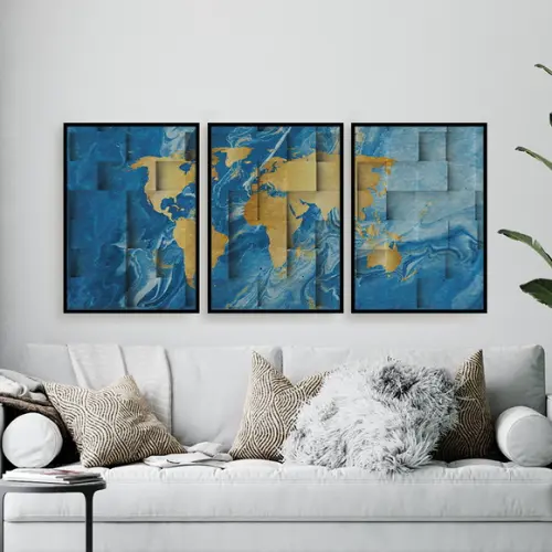 Trio Quadros Digitais - Mapa Mundi Cubos - Dourado E Azul