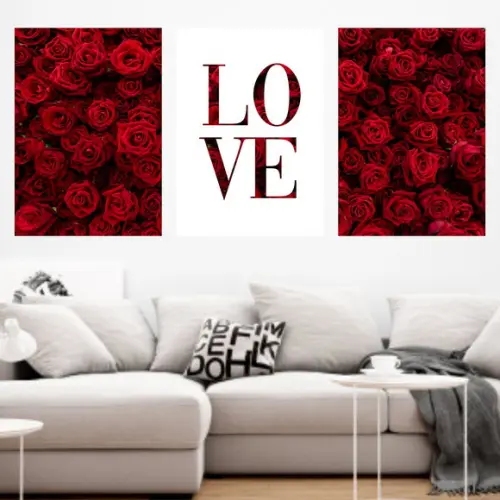 Trio Quadros Digitais - Love Rosas Vermelhas