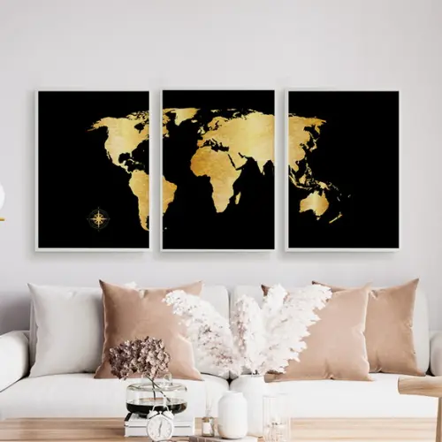 Trio Quadros Digitais - Mapa Mundi Mosaico Dourado E Preto