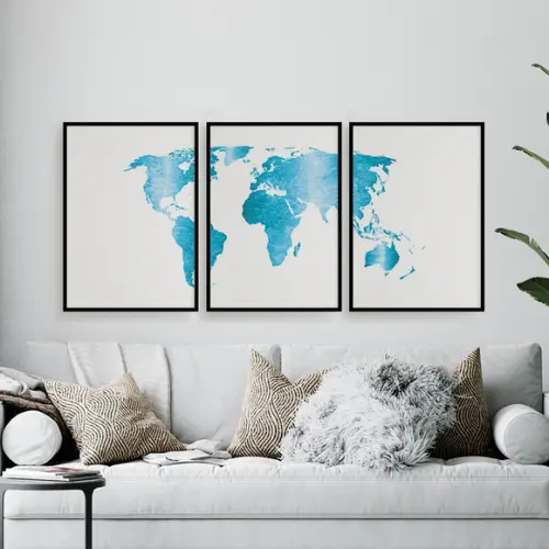 Trio Quadros Digitais - Mapa Mundi Mosaico Azul E Branco