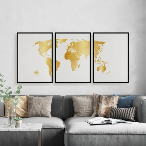 Trio Quadros Digitais - Mapa Mundi Mosaico Dourado E Branco