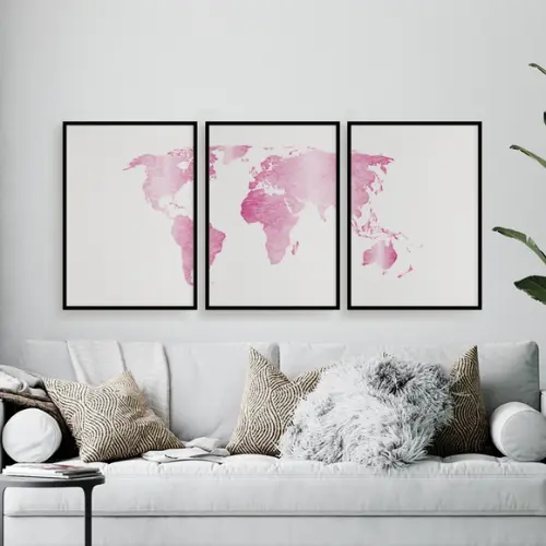 Trio Quadros Digitais - Mapa Mundi Mosaico Rosa E Branco