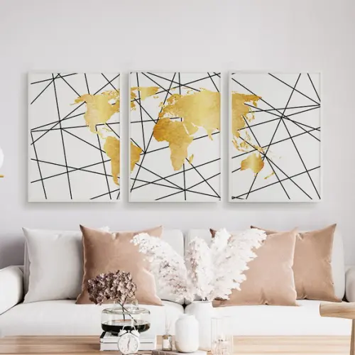 Trio Quadros Digitais - Mapa Mundi Mosaico Riscos Branco