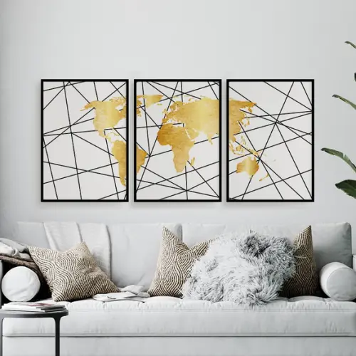 Trio Quadros Digitais - Mapa Mundi Mosaico Riscos Branco