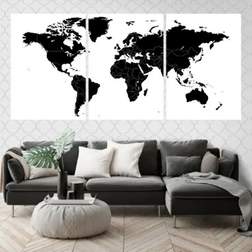 Trio Quadros Digitais - Mapa Mundi Preto