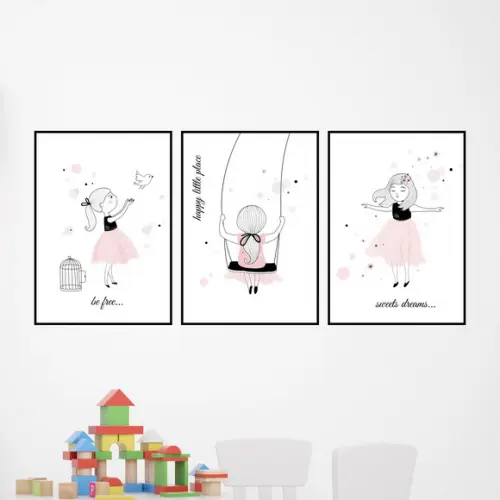 Trio Quadros Digitais - Menina Balanço Pássaro Vestido