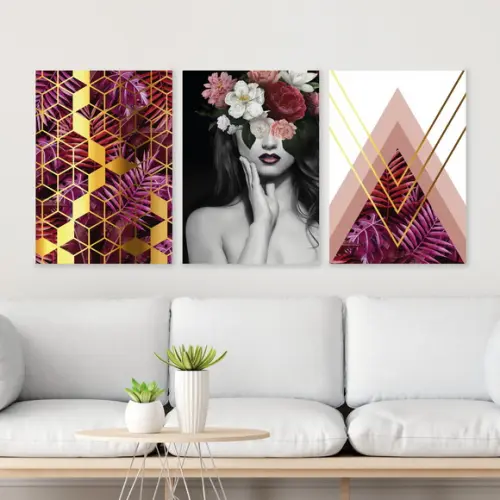 Trio Quadros Digitais - Mulher Flores - Geométrico Cubos