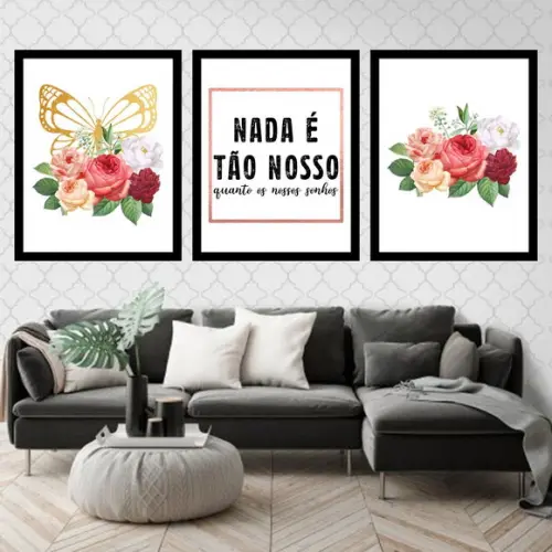 Trio Quadros Digitais - Nossos Sonhos Borboleta Flor