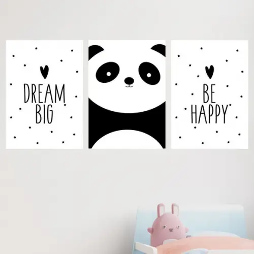 Trio Quadros Digitais - Panda Dreams Big Be Happy