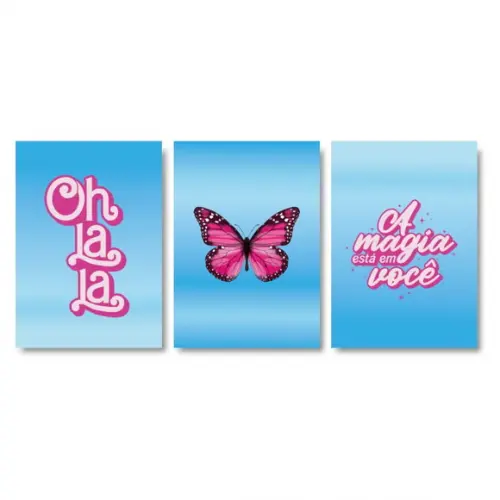 Trio Quadros Digitais - Oh La La - Borboleta Rosa e Azul