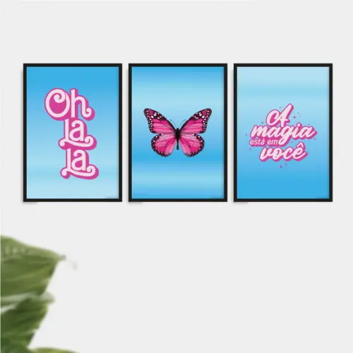 Trio Quadros Digitais - Oh La La - Borboleta Rosa e Azul