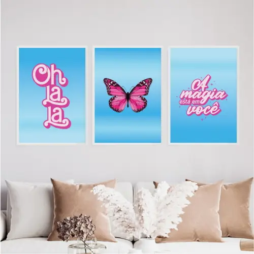 Trio Quadros Digitais - Oh La La - Borboleta Rosa e Azul