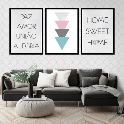 Trio Quadros Digitais - Paz Amor União Alegria Triângulos