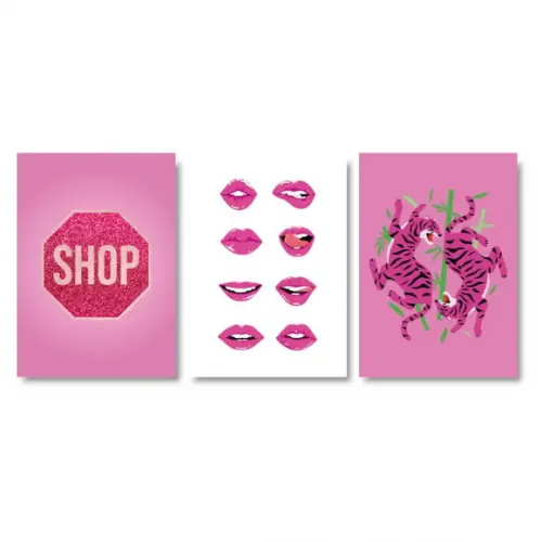 Trio Quadros Digitais - Placa Shop Glitter - Tigres Rosa