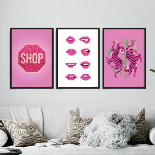 Trio Quadros Digitais - Placa Shop Glitter - Tigres Rosa