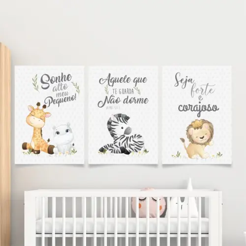 Trio Quadros Digitais - Safari Baby Cinza Aquarela