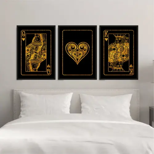 Trio Quadros Digitais - Rei e Rainha de Copas Dourado