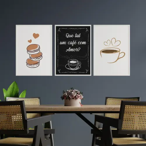Trio Quadros Digitais - Que Tal Um Café Com Amor? Macarons