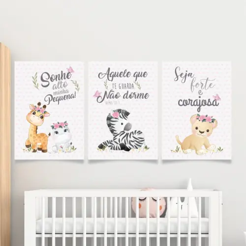 Trio Quadros Digitais - Safari Baby Rosa Aquarela