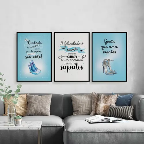 Trio Quadros Digitais - Sapatos Cinderela Azul