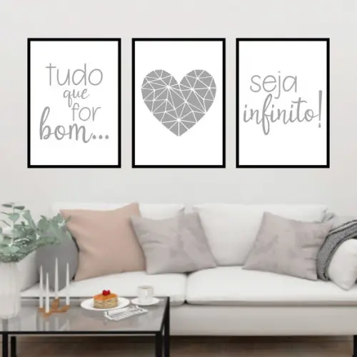 Trio Quadros Digitais - Seja infinito Coração Cinza