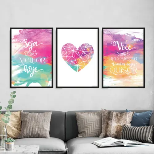 Trio Quadros Digitais - Seja o Seu Melhor Coração Aquarela