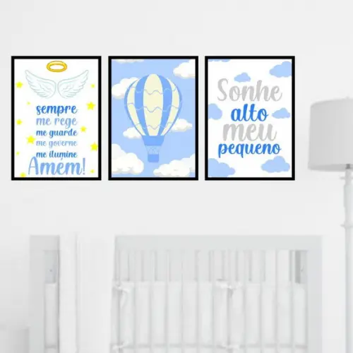 Trio Quadros Digitais - Sonhe Alto Anjo da Guarda Balão Azul
