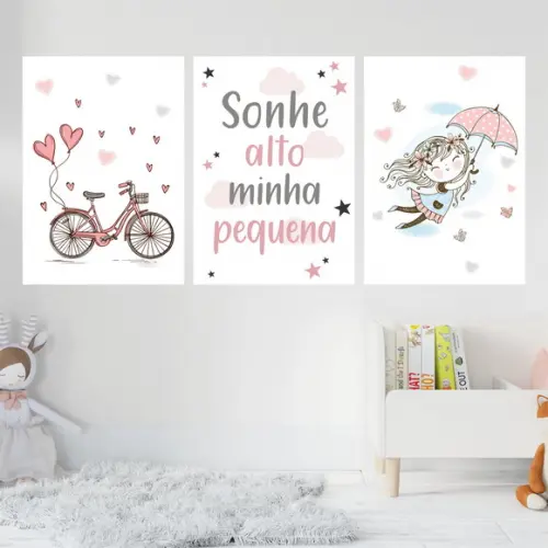 Trio Quadros Digitais - Sonhe alto minha pequena Menina Rosa