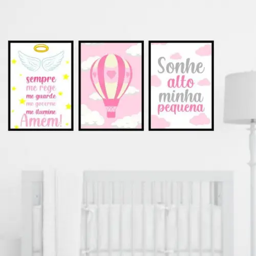 Trio Quadros Digitais - Sonhe Alto Anjo da Guarda Balão Rosa