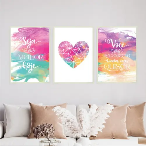 Trio Quadros Digitais - Seja o Seu Melhor Coração Aquarela