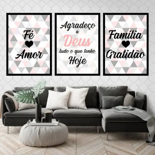 Trio Quadros Digitais - Triângulos Fé Amor Família Gratidão