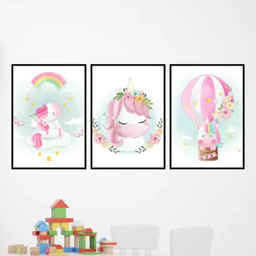 Trio Quadros Digitais - Unicórnio Aquarela Balão Arco Íris
