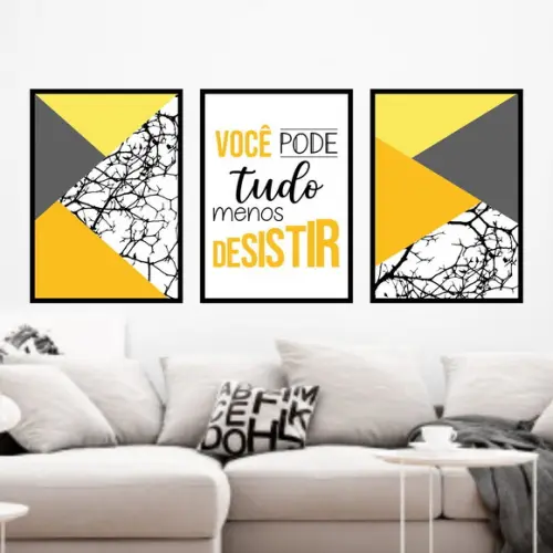 Trio Quadros Digitais - Você pode tudo Geométrico Amarelo