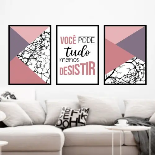 Trio Quadros Digitais - Você pode tudo Geométrico Rosa