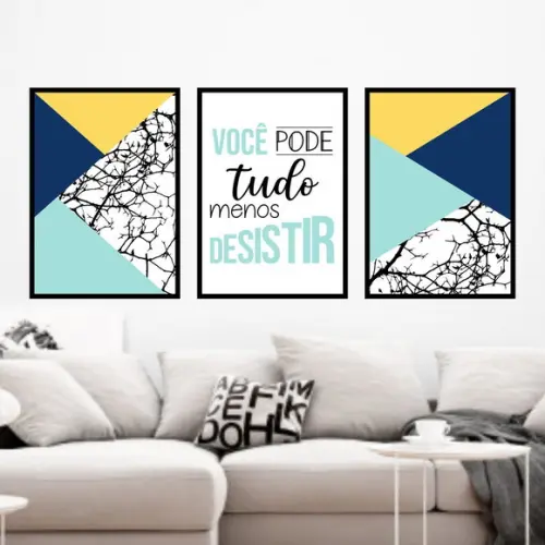 Trio Quadros Digitais - Você pode tudo Geométrico Azul