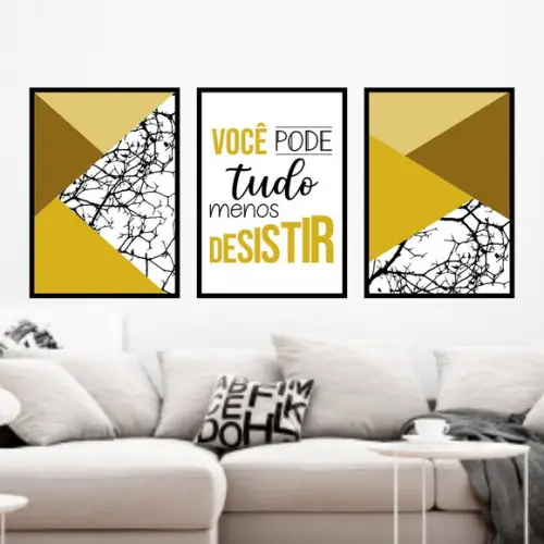 Trio Quadros Digitais - Você pode tudo Geométrico Dourado