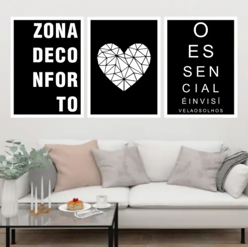 Trio Quadros Digitais - Zona de Conforto Coração Preto