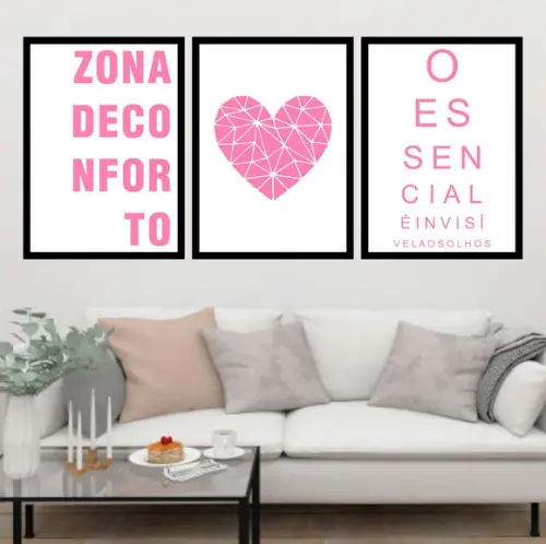 Trio Quadros Digitais - Zona de Conforto Coração Rosa