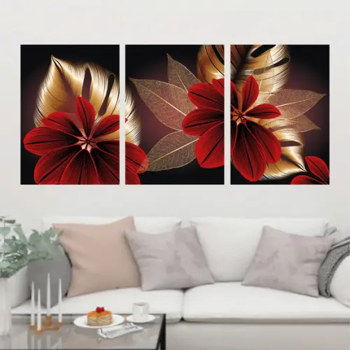 Trio Quadros Digitais- Folhas Mosaico Dourado Vermelho Preto