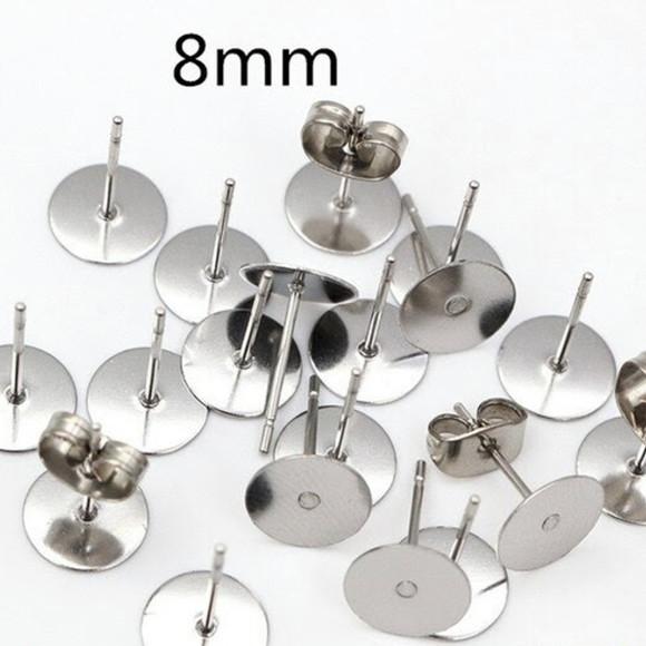 Base Brinco Pino 6 ou 8 mm Aço Inoxidável 20 Pares Aço Inox