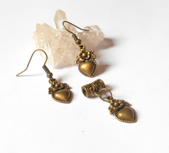 Conjunto Brinco e Pingente Ouro Velho com Coração