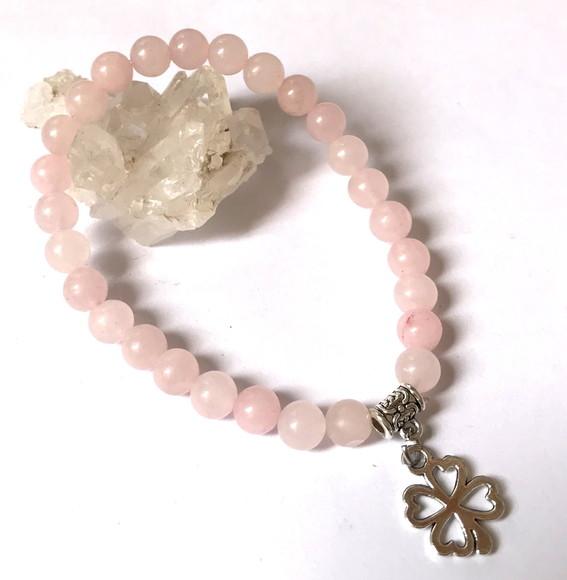 Pulseira Japamala 27 Contas Quartzo Rosa e Trevo da Sorte