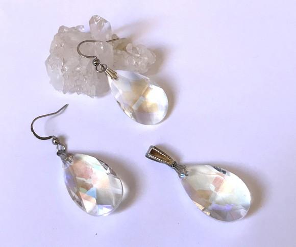 Conjunto Brinco e Pingente com Gota de Cristal e Aço Inox