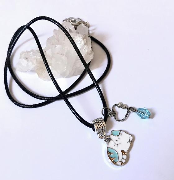 Cordão Colar com Gatinho em Prateado e Cristal Azul